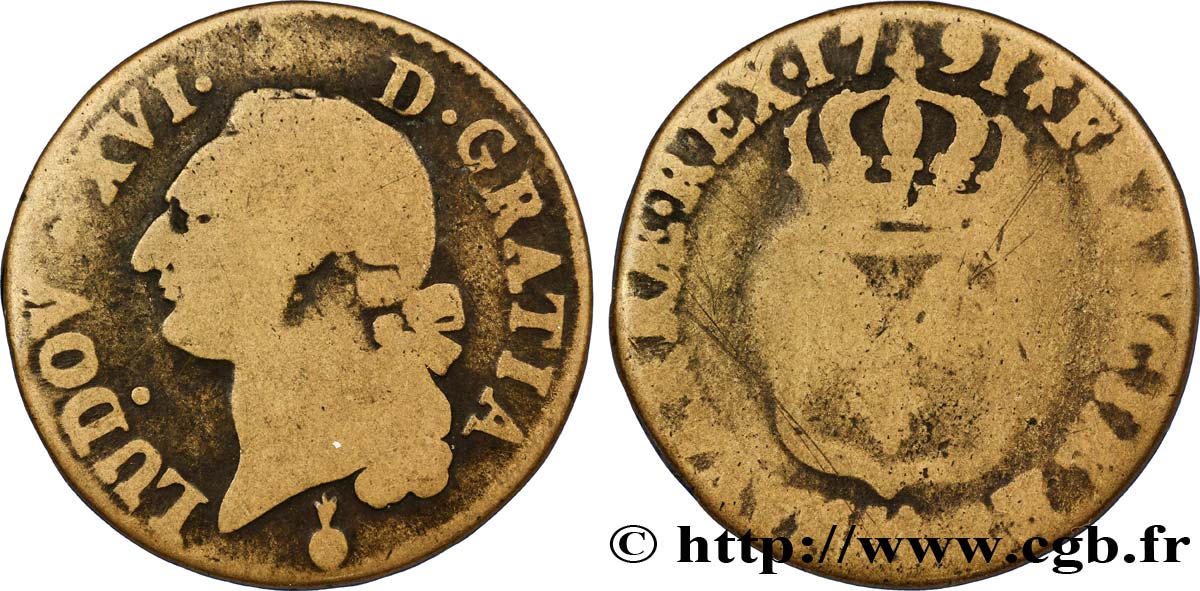 LOUIS XVI (MONARQUE CONSTITUTIONNEL)  Sol dit  à l écu  1791 Metz B+