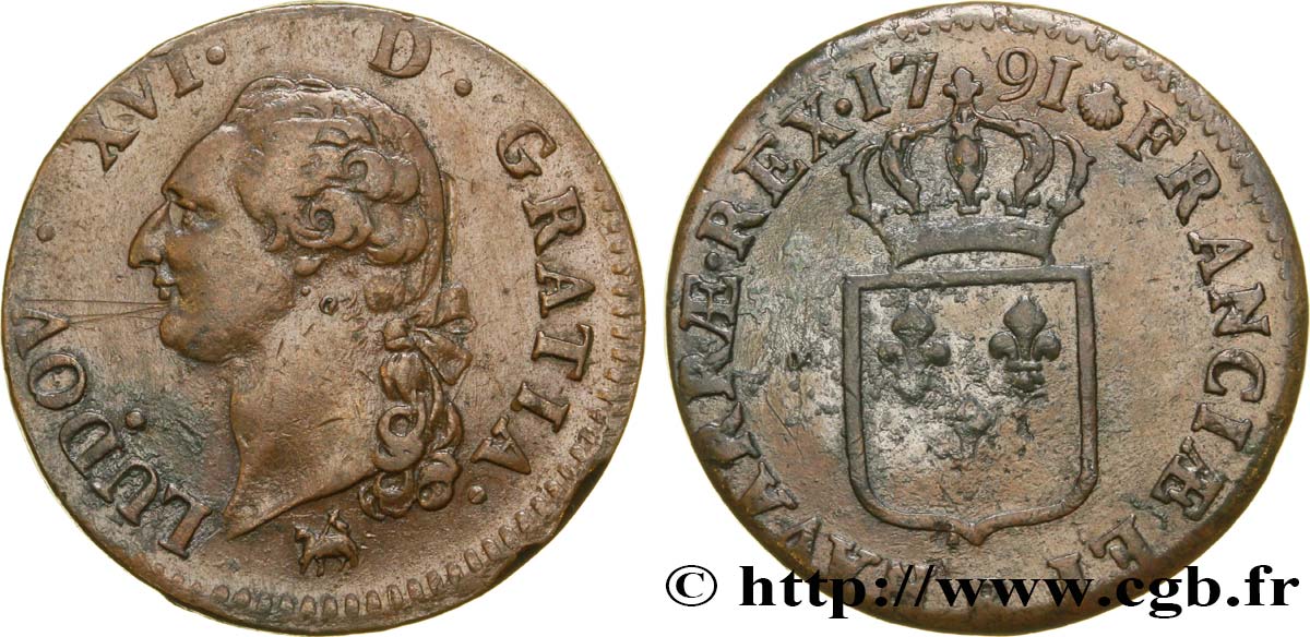 LOUIS XVI Sol dit &nbsp;à l&nbsp;écu&nbsp; 1791 Rouen TTB