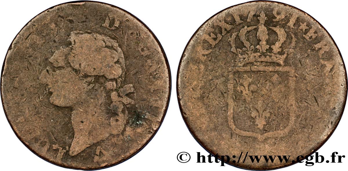 LOUIS XVI (MONARQUE CONSTITUTIONNEL)  Sol dit  à l écu  1791 Orléans B+