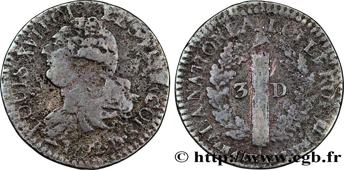 LOUIS XVI (MONARQUE CONSTITUTIONNEL)  3 deniers dit  au faisceau , type FRANCOIS 1792 Lyon TB