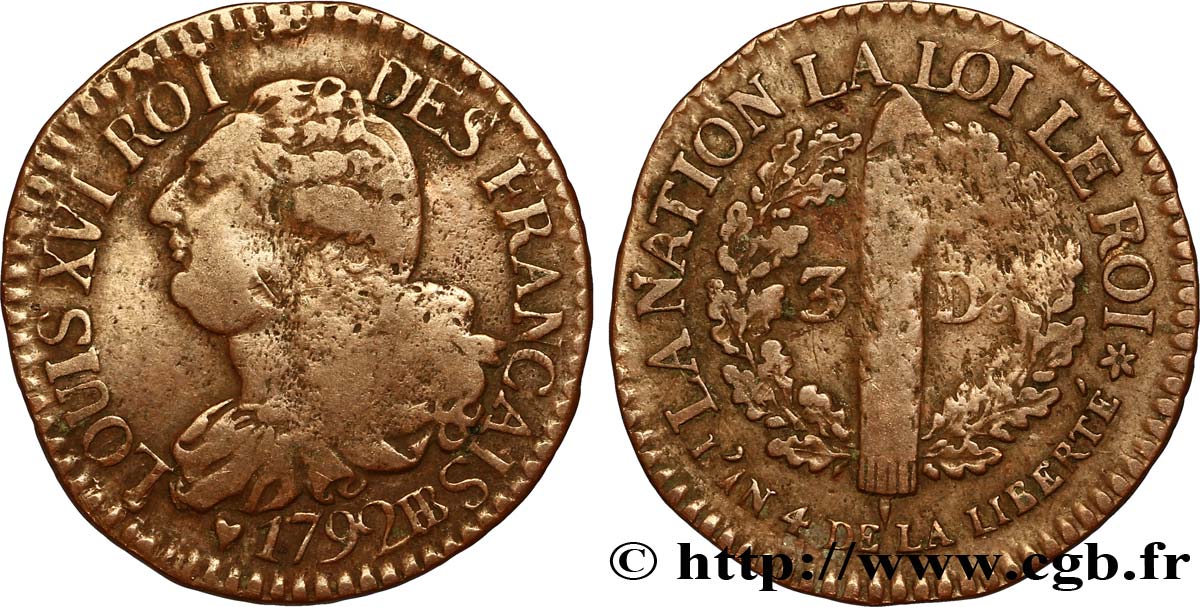 LOUIS XVI 3 deniers dit  au faisceau , type FRANÇAIS 1792 Strasbourg S