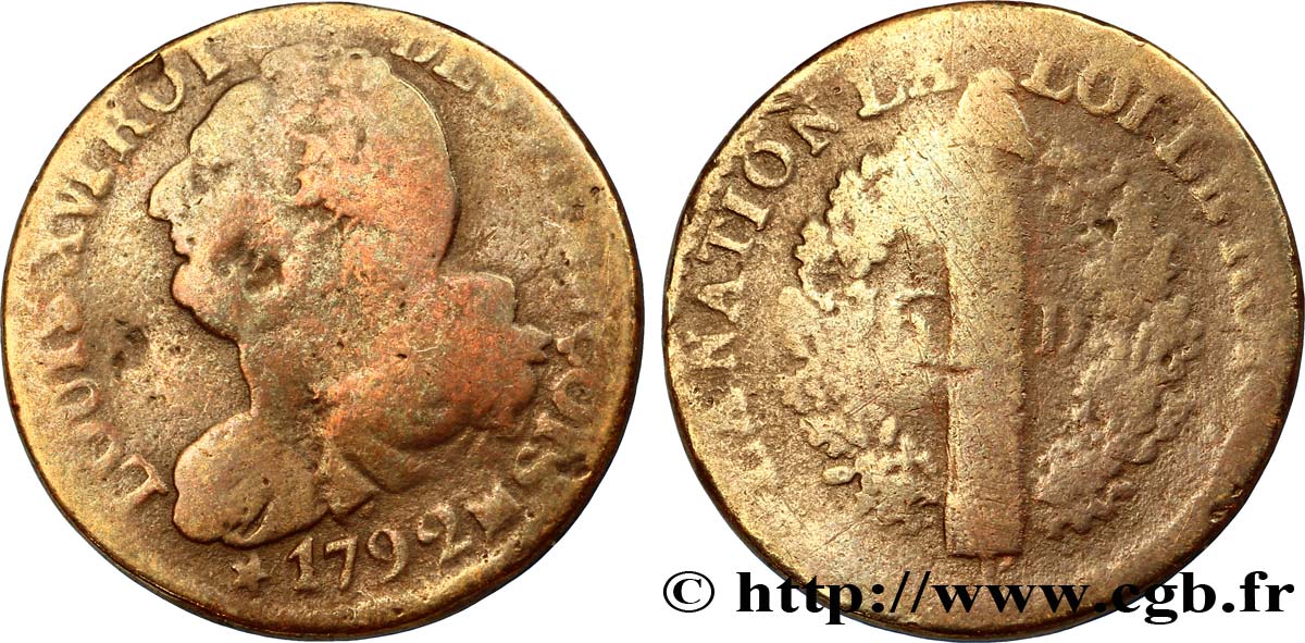 LOUIS XVI (MONARQUE CONSTITUTIONNEL)  6 deniers dit  au faisceau , type FRANÇOIS 1792 Marseille B