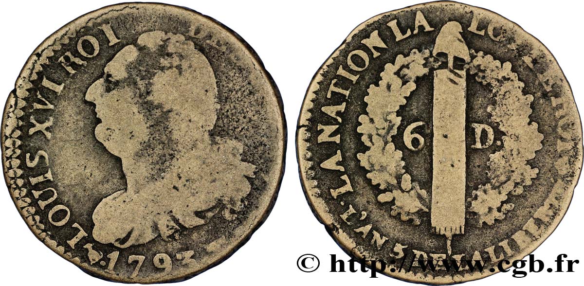 LA CONVENTION 6 deniers dit &nbsp;au faisceau&nbsp;, type FRANÇOIS 1793 Nantes B+