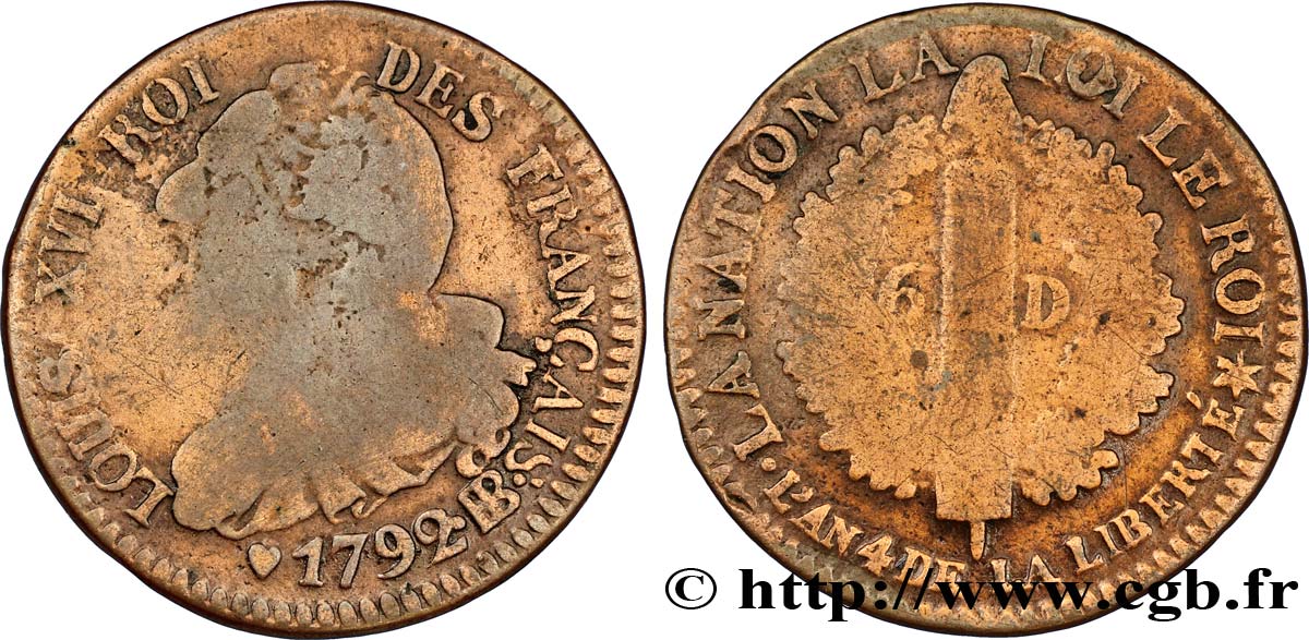 LOUIS XVI 6 deniers dit  au faisceau , type FRANÇAIS 1792 Strasbourg SGE