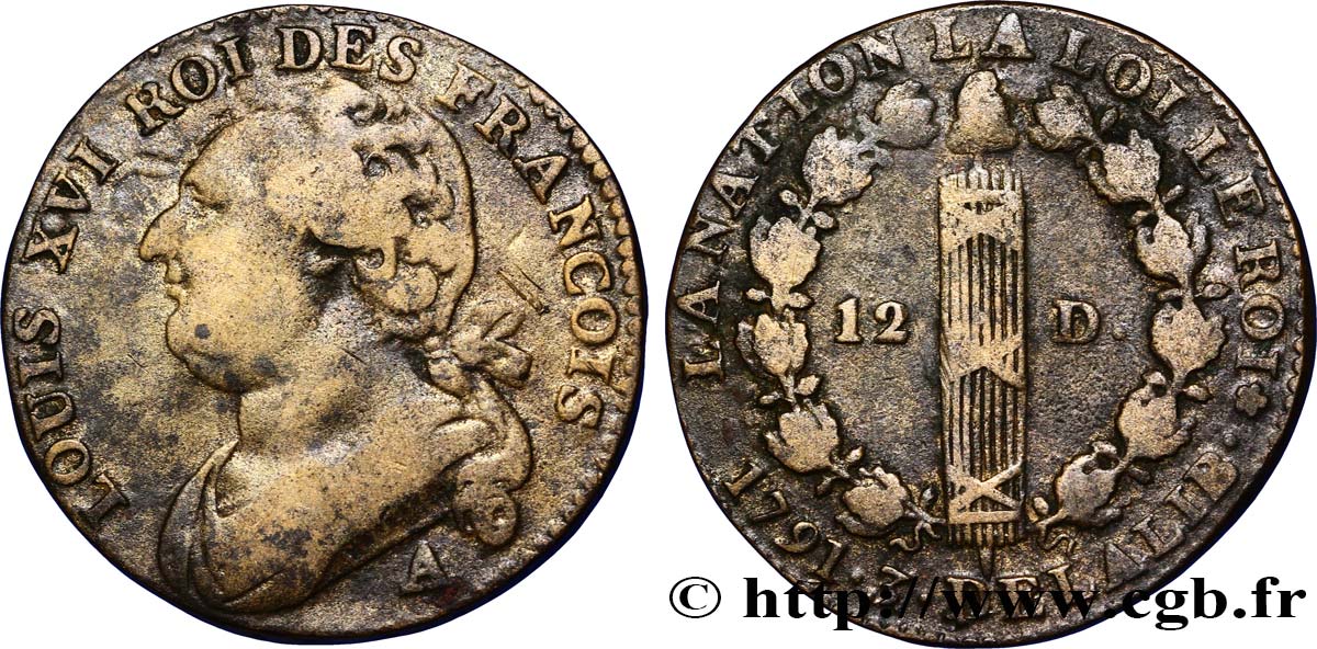 LOUIS XVI 12 deniers dit  au faisceau , type FRANCOIS 1791 Paris, Monnaie du Louvre MB/q.BB