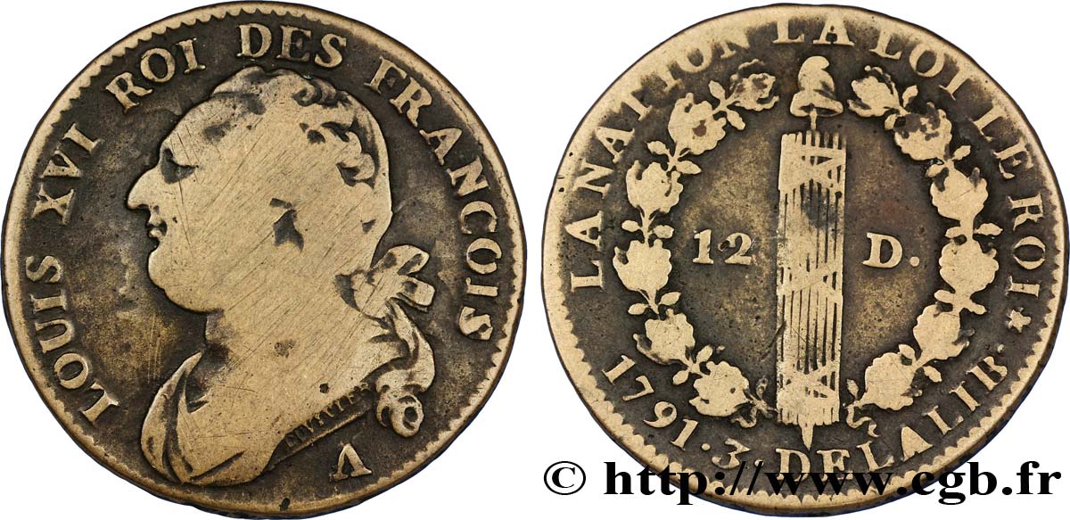 LOUIS XVI 12 deniers dit  au faisceau , type FRANCOIS 1791 Paris, Monnaie du Louvre S