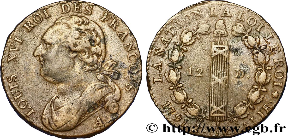 LOUIS XVI (MONARQUE CONSTITUTIONNEL)  12 deniers dit &nbsp;au faisceau&nbsp;, type FRANCOIS 1791 Paris, Monnaie du Louvre TB+
