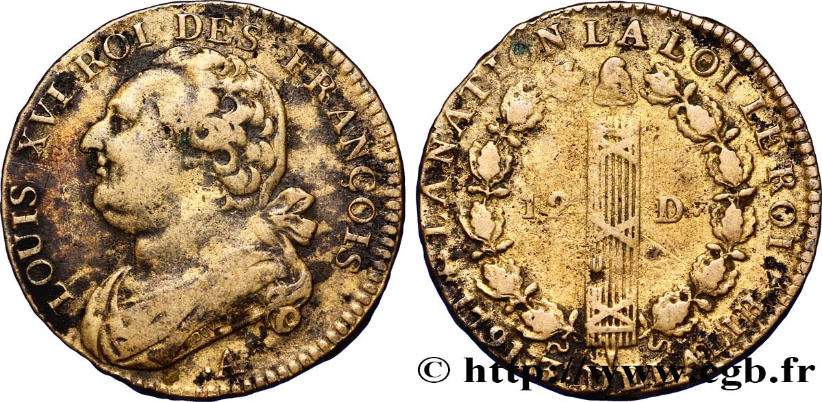 LOUIS XVI (MONARQUE CONSTITUTIONNEL)  12 deniers dit &nbsp;au faisceau&nbsp;, type FRANÇOIS 1791 Paris TB+/TB