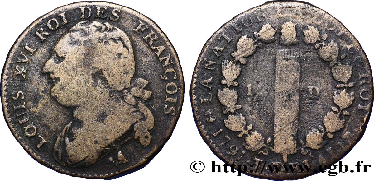 LOUIS XVI 12 deniers dit  au faisceau , type FRANÇOIS 1791 Paris VF