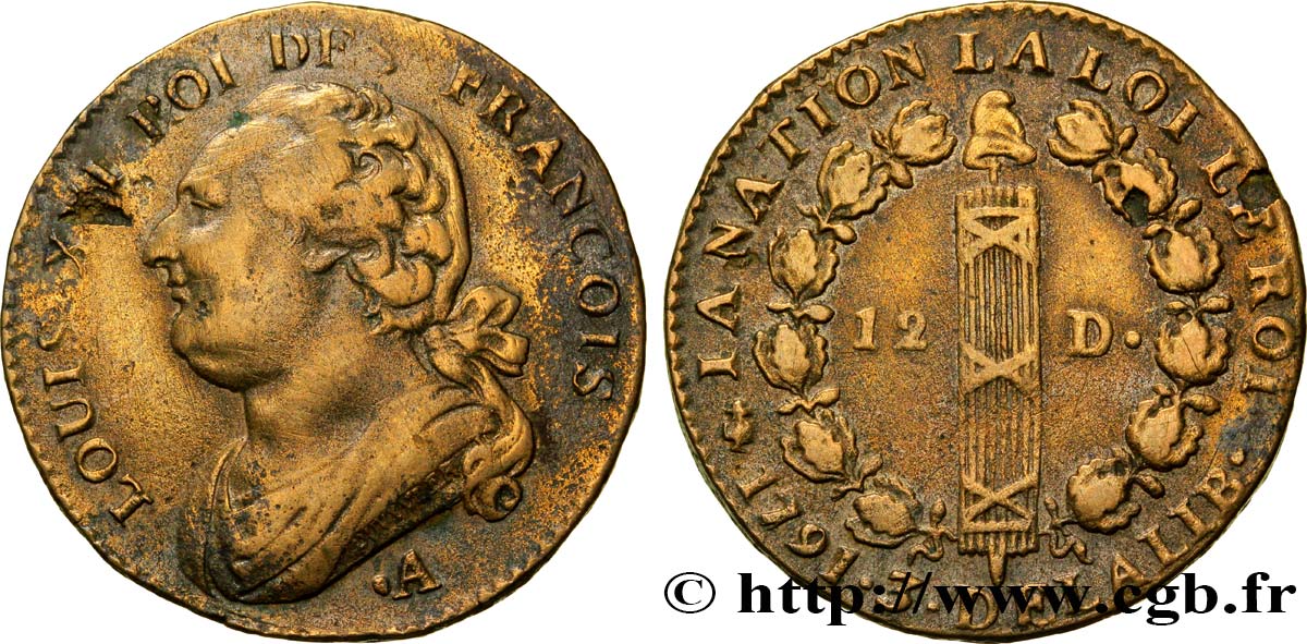 LOUIS XVI (MONARQUE CONSTITUTIONNEL)  12 deniers dit &nbsp;au faisceau&nbsp;, type FRANÇOIS 1791 Paris TTB