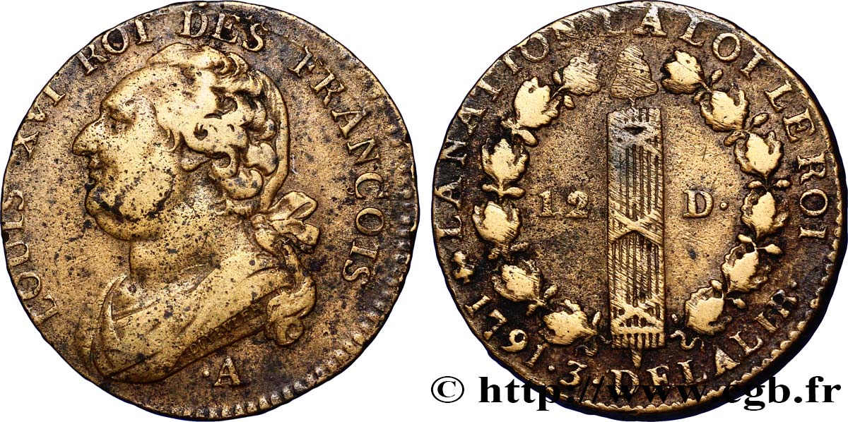 LOUIS XVI (MONARQUE CONSTITUTIONNEL)  12 deniers dit  au faisceau , type FRANÇOIS 1791 Paris TB+