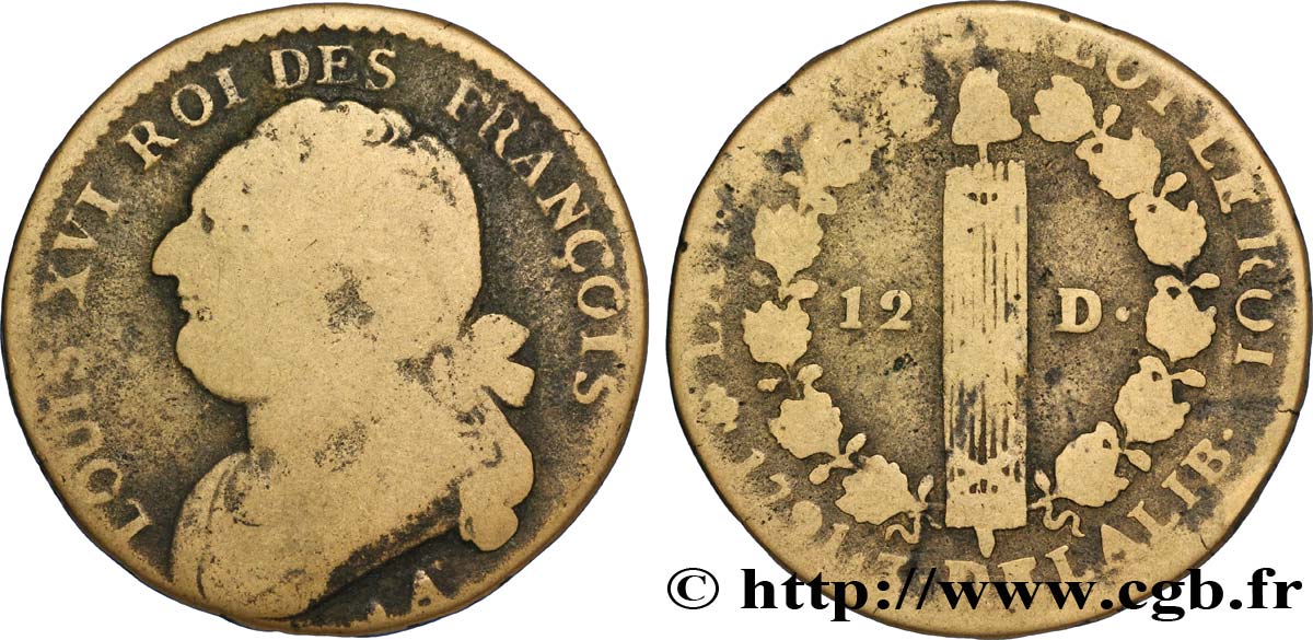 LOUIS XVI (MONARQUE CONSTITUTIONNEL)  12 deniers dit  au faisceau , type FRANÇOIS 1791 Paris B+