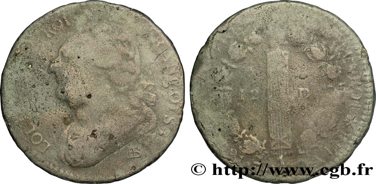 LOUIS XVI 12 deniers dit  au faisceau , type FRANCOIS 1791 Strasbourg B