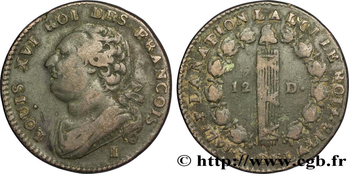 LOUIS XVI (MONARQUE CONSTITUTIONNEL)  12 deniers dit &nbsp;au faisceau&nbsp;, type FRANCOIS 1791 Limoges TB