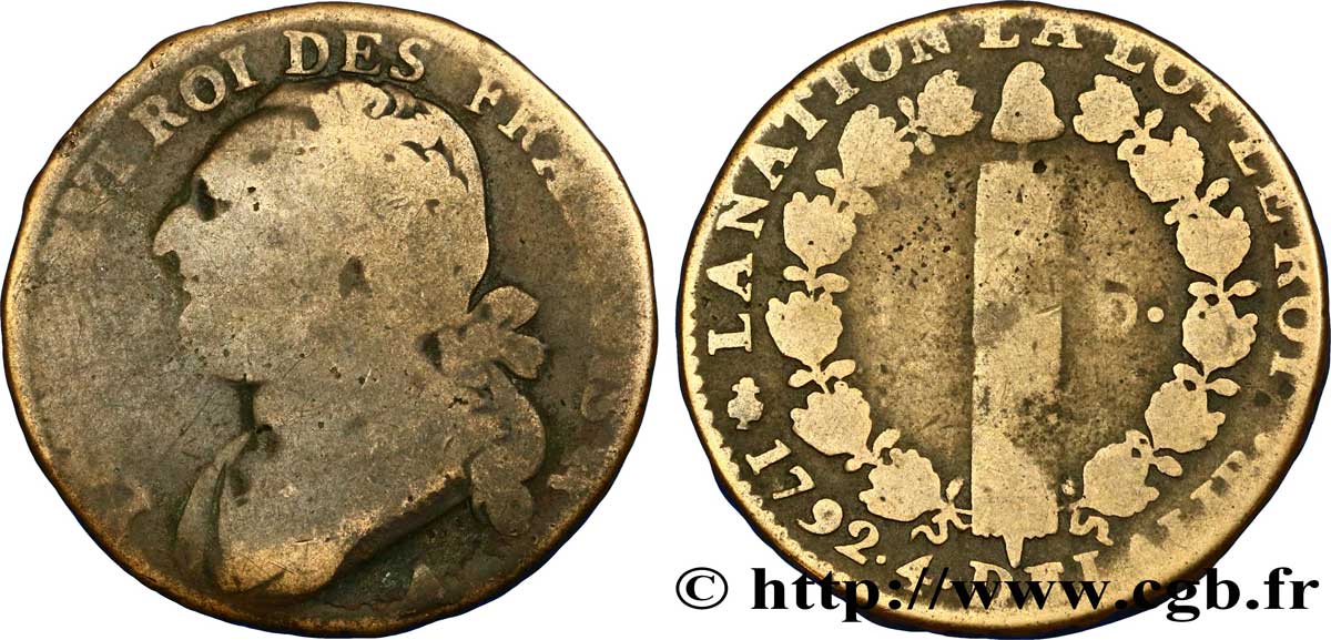 LOUIS XVI (MONARQUE CONSTITUTIONNEL)  12 deniers dit &nbsp;au faisceau&nbsp;, type FRANÇOIS 1792 Paris B