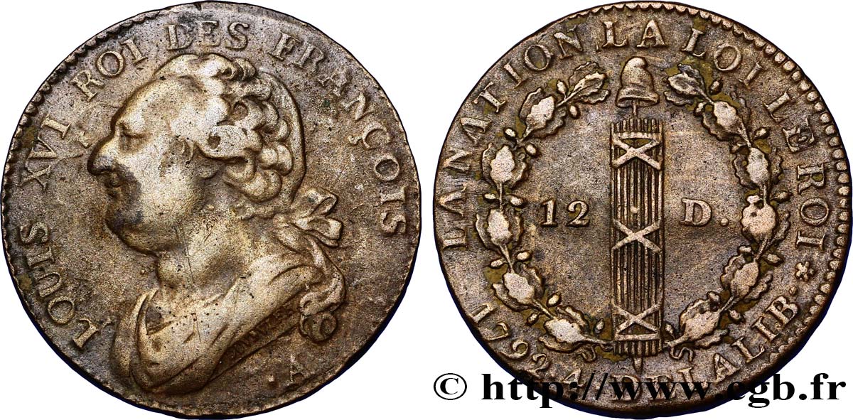 LOUIS XVI (MONARQUE CONSTITUTIONNEL)  12 deniers dit &nbsp;au faisceau&nbsp;, type FRANCOIS 1792 Paris TB+