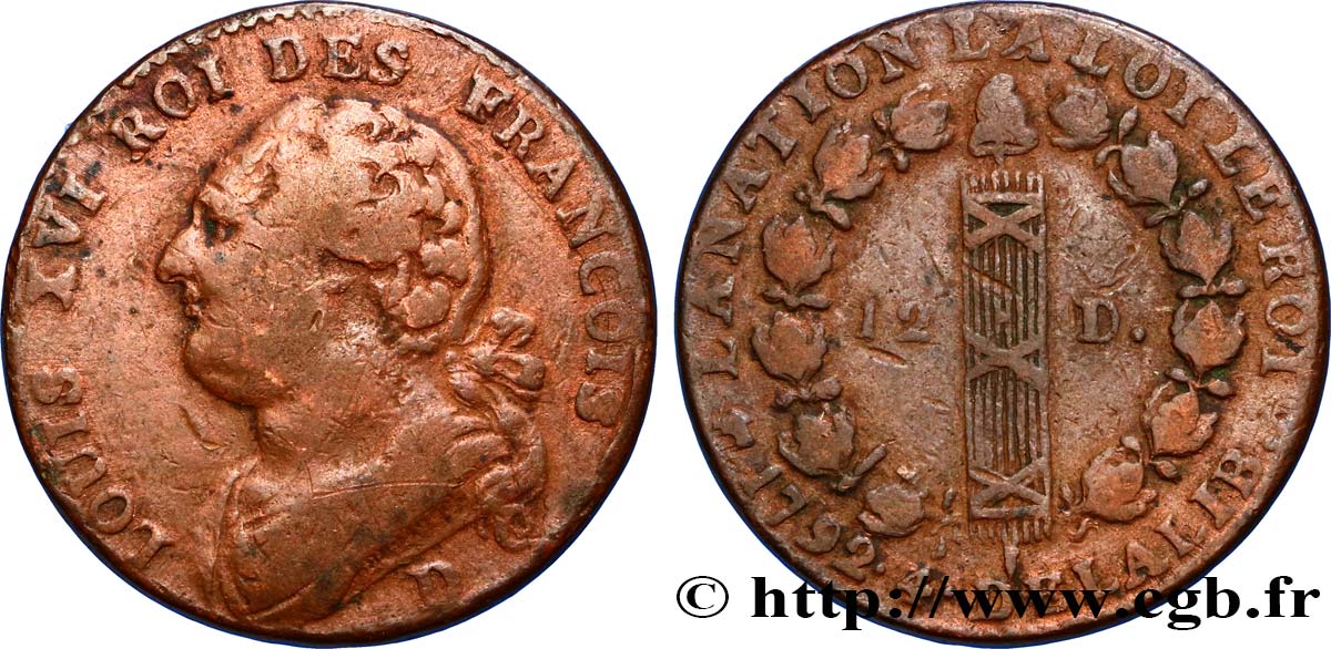 LOUIS XVI (MONARQUE CONSTITUTIONNEL)  12 deniers dit &nbsp;au faisceau&nbsp;, type FRANÇOIS 1792 Lyon TB