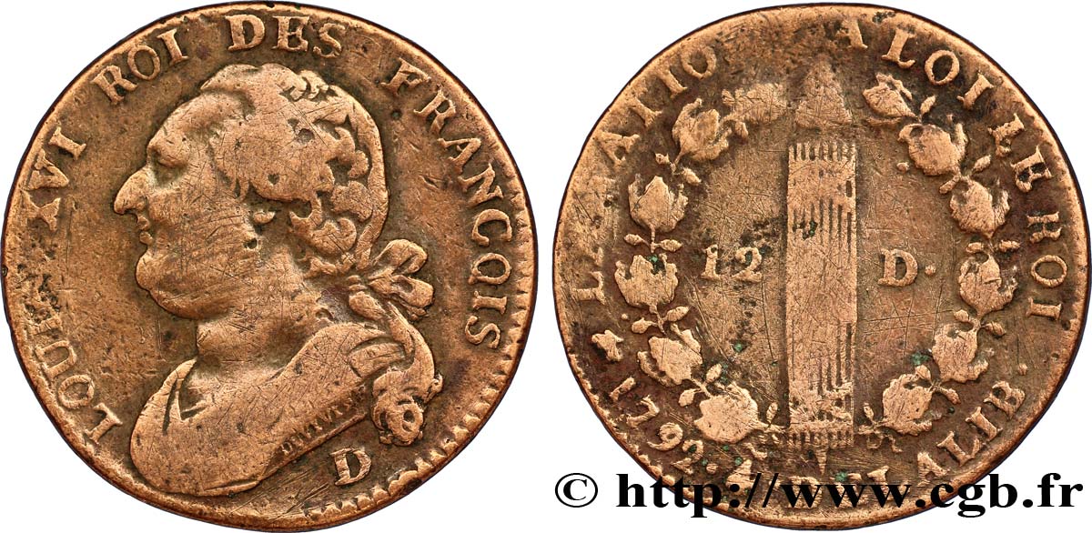 LOUIS XVI (MONARQUE CONSTITUTIONNEL)  12 deniers dit &nbsp;au faisceau&nbsp;, type FRANÇOIS 1792 Lyon TB