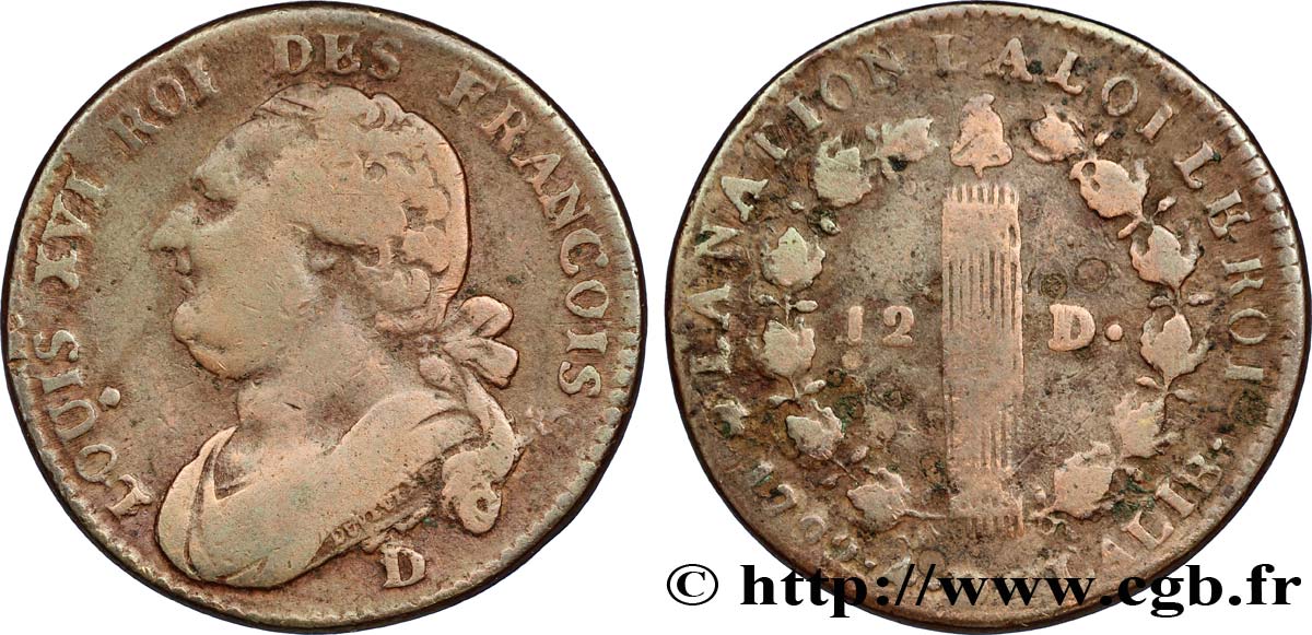 LOUIS XVI (MONARQUE CONSTITUTIONNEL)  12 deniers dit &nbsp;au faisceau&nbsp;, type FRANCOIS 1792 Lyon TB