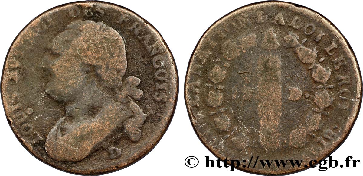 LOUIS XVI (MONARQUE CONSTITUTIONNEL)  12 deniers dit &nbsp;au faisceau&nbsp;, type FRANCOIS 1792 Lyon B