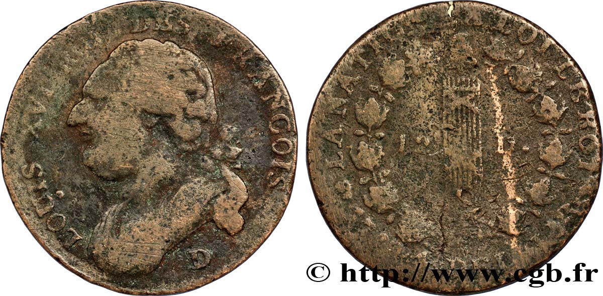 LOUIS XVI (MONARQUE CONSTITUTIONNEL)  12 deniers dit &nbsp;au faisceau&nbsp;, type FRANCOIS 1792 Lyon B+