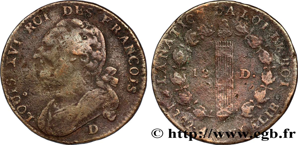 LOUIS XVI (MONARQUE CONSTITUTIONNEL)  12 deniers dit &nbsp;au faisceau&nbsp;, type FRANCOIS 1792 Lyon B
