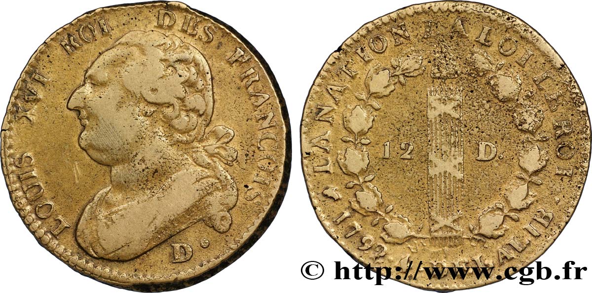LOUIS XVI 12 deniers dit  au faisceau , type FRANCOIS 1792 Dijon VF