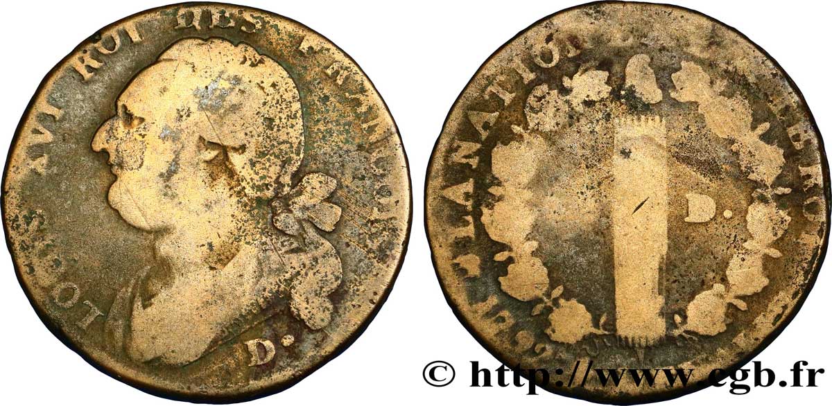 LOUIS XVI (MONARQUE CONSTITUTIONNEL)  12 deniers dit &nbsp;au faisceau&nbsp;, type FRANCOIS 1792 Dijon B