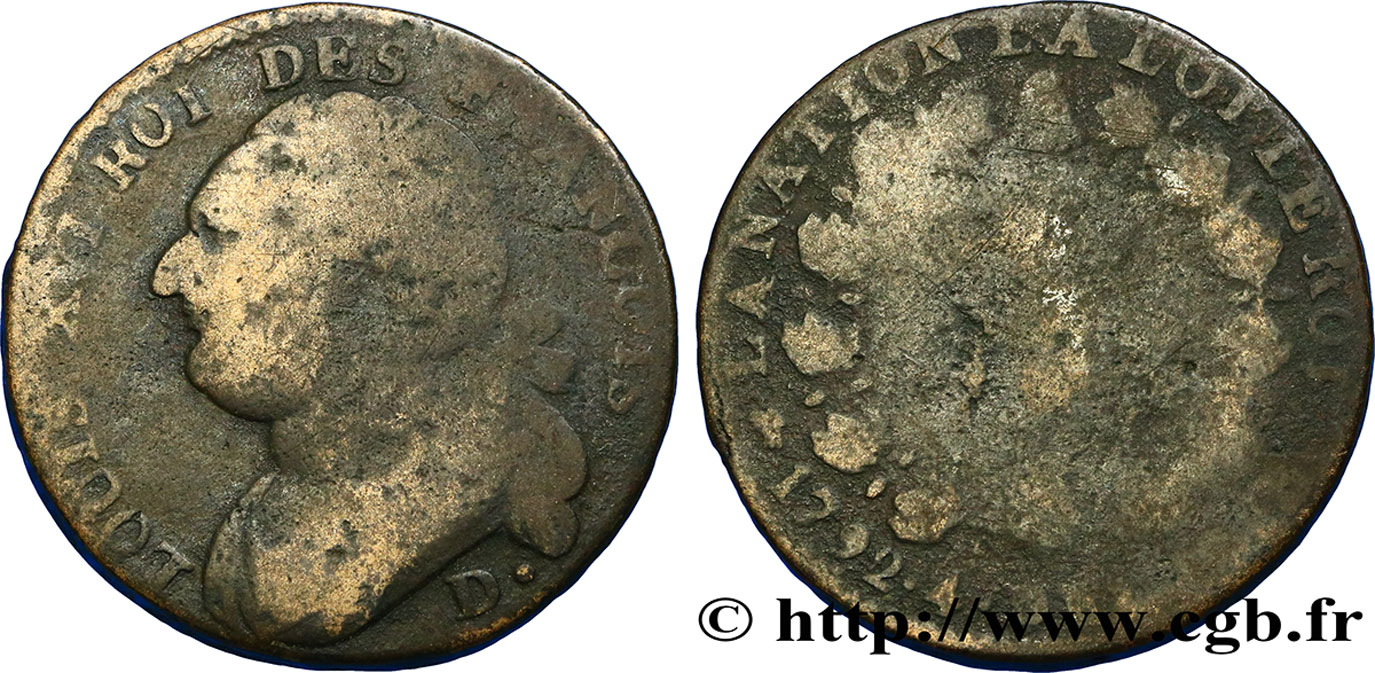 LOUIS XVI (MONARQUE CONSTITUTIONNEL)  12 deniers dit &nbsp;au faisceau&nbsp;, type FRANCOIS 1792 Dijon B