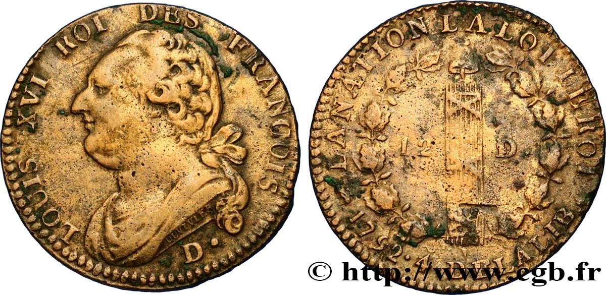 LOUIS XVI (MONARQUE CONSTITUTIONNEL)  12 deniers dit &nbsp;au faisceau&nbsp;, type FRANCOIS 1792 Dijon TB+