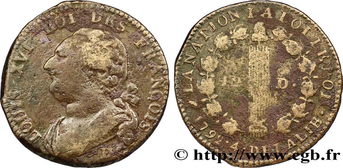 LOUIS XVI (MONARQUE CONSTITUTIONNEL)  12 deniers dit &nbsp;au faisceau&nbsp;, type FRANCOIS 1792 Dijon B