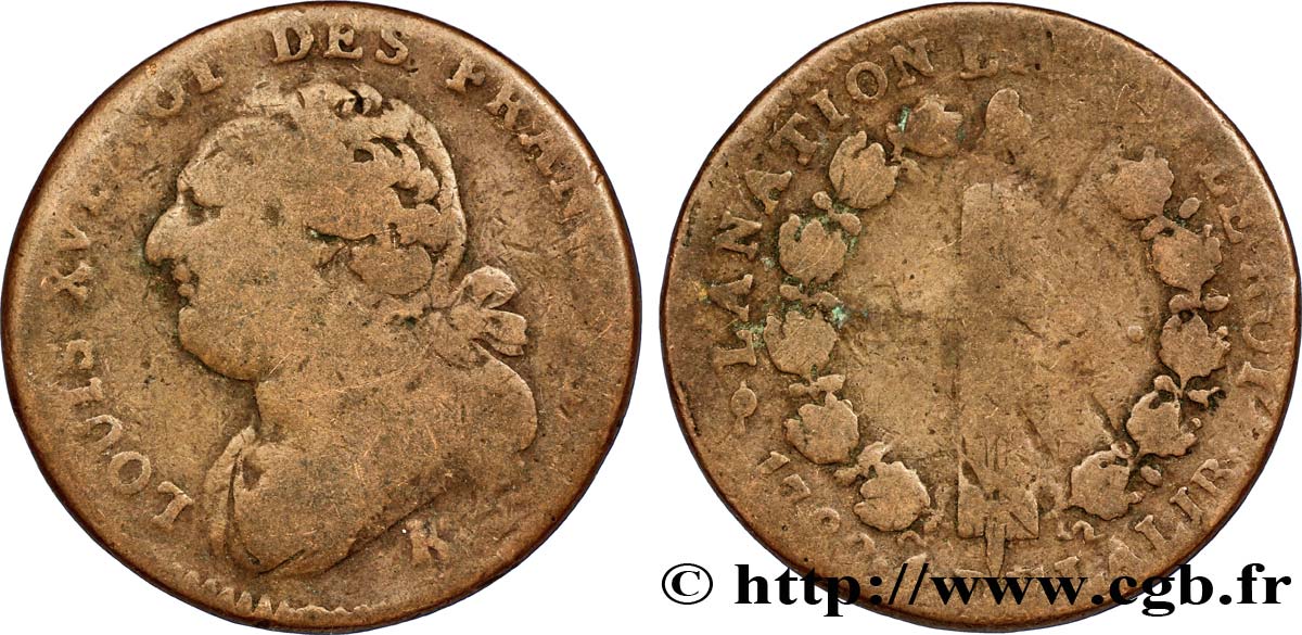 LOUIS XVI (MONARQUE CONSTITUTIONNEL)  12 deniers dit &nbsp;au faisceau&nbsp;, type FRANCOIS 1792 Bordeaux B+