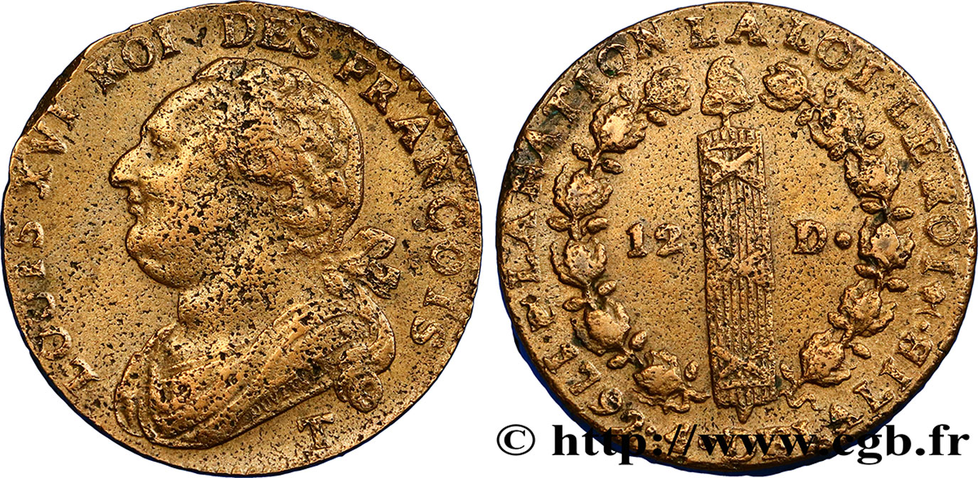 LOUIS XVI (MONARQUE CONSTITUTIONNEL)  12 deniers dit &nbsp;au faisceau&nbsp;, type FRANÇOIS 1792 Nantes TB+