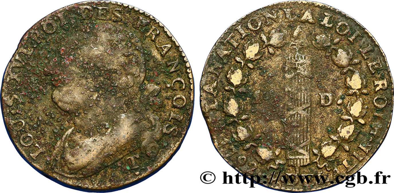 LOUIS XVI (MONARQUE CONSTITUTIONNEL)  12 deniers dit &nbsp;au faisceau&nbsp;, type FRANÇOIS 1792 Saumur B