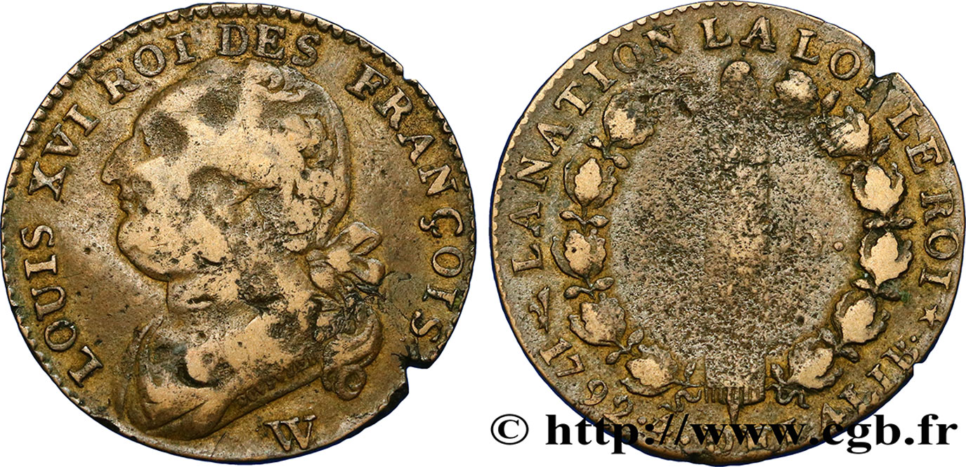 LOUIS XVI (MONARQUE CONSTITUTIONNEL)  12 deniers dit &nbsp;au faisceau&nbsp;, type FRANCOIS 1792 Lille TB