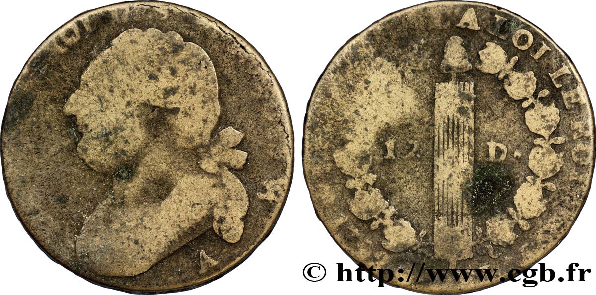 LOUIS XVI (MONARQUE CONSTITUTIONNEL)  12 deniers dit  au faisceau , type FRANÇOIS 1793 Paris AB