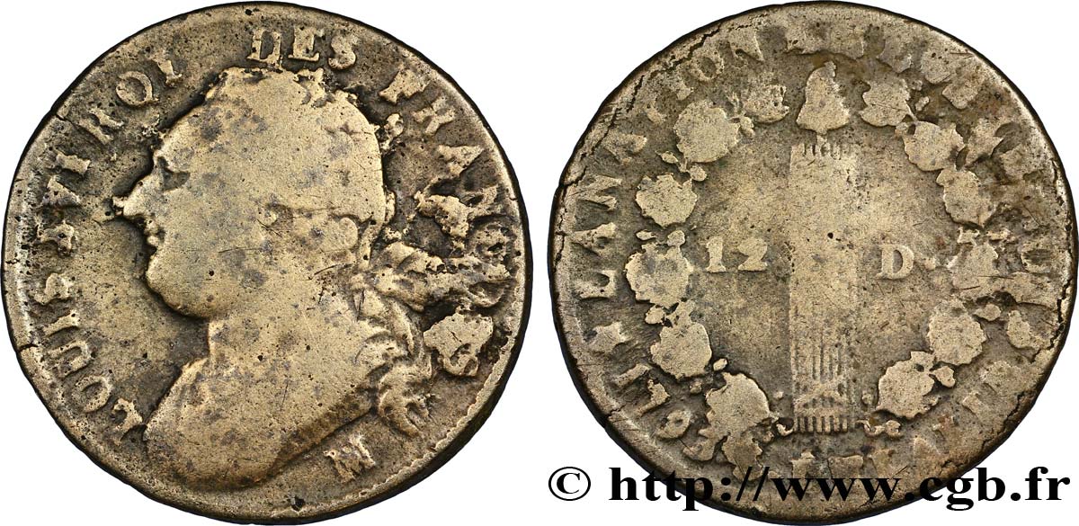 LOUIS XVI (MONARQUE CONSTITUTIONNEL)  12 deniers dit &nbsp;au faisceau&nbsp;, type FRANCOIS 1793 Marseille B