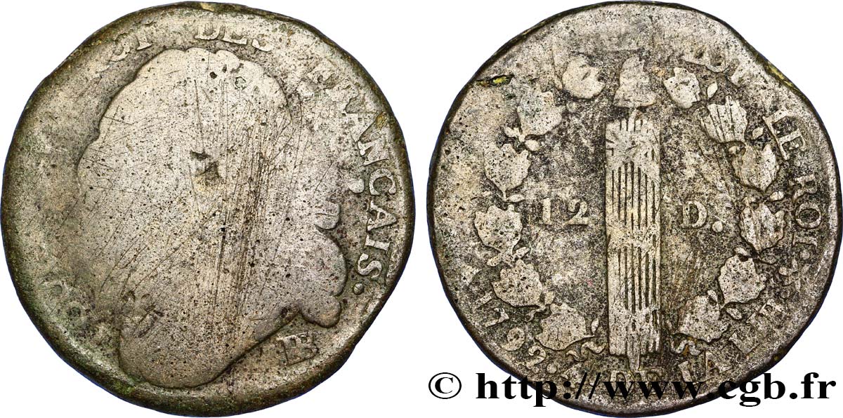 LOUIS XVI (MONARQUE CONSTITUTIONNEL)  12 deniers dit &nbsp;au faisceau&nbsp;, type FRANÇAIS 1792 Strasbourg AB