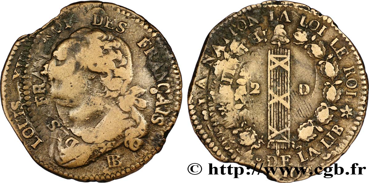 LOUIS XVI (MONARQUE CONSTITUTIONNEL)  12 deniers dit &nbsp;au faisceau&nbsp;, type FRANÇAIS 1792 Strasbourg TB
