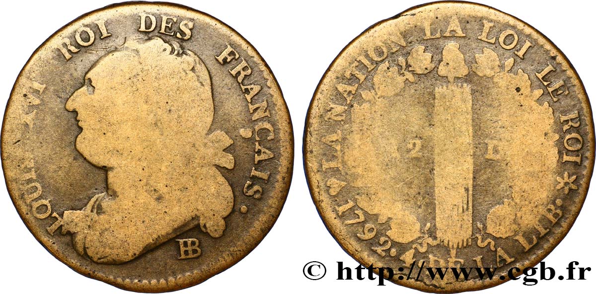 LOUIS XVI 12 deniers dit  au faisceau , type FRANÇAIS 1792 Strasbourg SGE