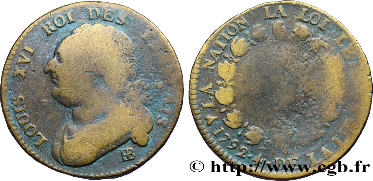 LOUIS XVI (MONARQUE CONSTITUTIONNEL)  12 deniers dit &nbsp;au faisceau&nbsp;, type FRANÇAIS 1792 Strasbourg B