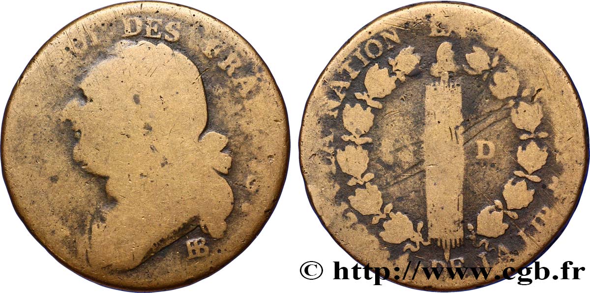 LOUIS XVI (MONARQUE CONSTITUTIONNEL)  12 deniers dit &nbsp;au faisceau&nbsp;, type FRANÇAIS 1792 Strasbourg AB