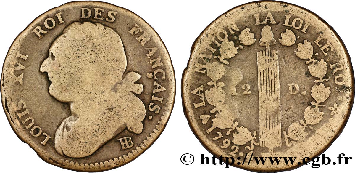 LOUIS XVI (MONARQUE CONSTITUTIONNEL)  12 deniers dit &nbsp;au faisceau&nbsp;, type FRANÇAIS 1792 Strasbourg B