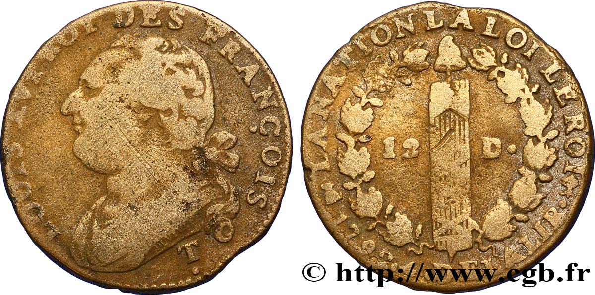 LOUIS XVI (MONARQUE CONSTITUTIONNEL)  12 deniers dit &nbsp;au faisceau&nbsp;, type FRANÇOIS 1792 Saumur B