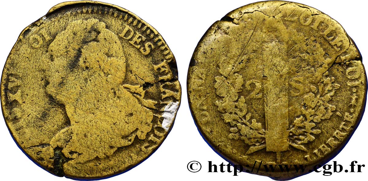 LOUIS XVI (MONARQUE CONSTITUTIONNEL)  2 sols dit &nbsp;au faisceau&nbsp;, type FRANÇOIS 1792 Metz B