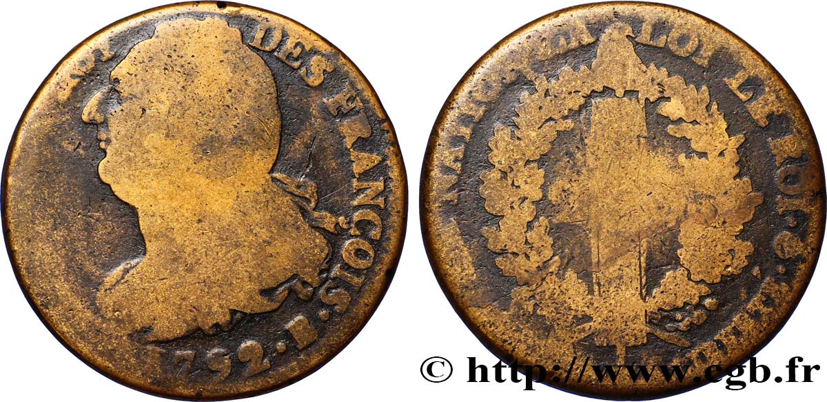 LOUIS XVI (MONARQUE CONSTITUTIONNEL)  2 sols dit  au faisceau , type FRANÇOIS 1792 Rouen B