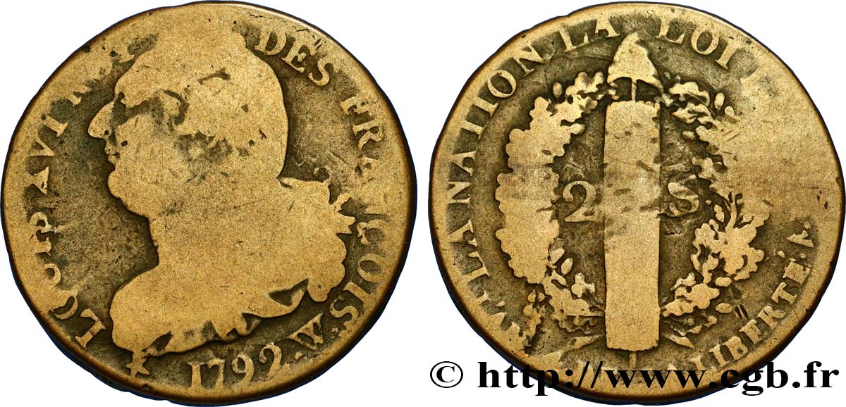 LOUIS XVI (MONARQUE CONSTITUTIONNEL)  2 sols dit &nbsp;au faisceau&nbsp;, type FRANÇOIS 1792 Lille B