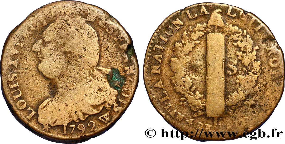 LOUIS XVI (MONARQUE CONSTITUTIONNEL)  2 sols dit  au faisceau , type FRANÇOIS 1792 Lille B
