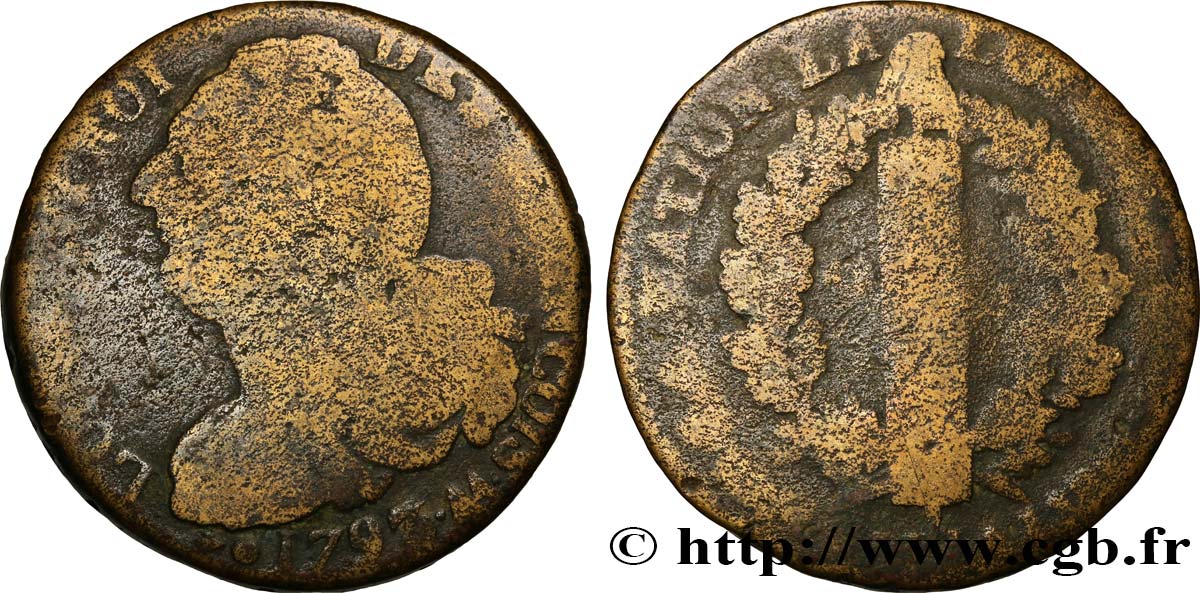 LOUIS XVI 2 sols dit  au faisceau , type FRANÇOIS 1793 Metz MC