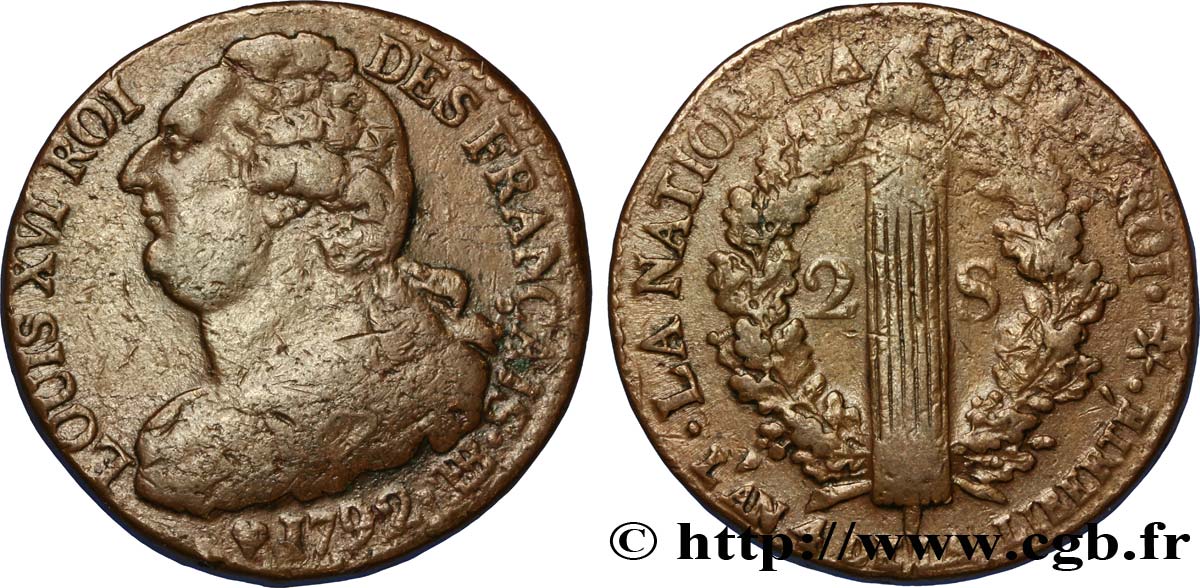 LOUIS XVI (MONARQUE CONSTITUTIONNEL)  2 sols dit &nbsp;au faisceau&nbsp;, type FRANÇAIS 1792 Strasbourg TB+